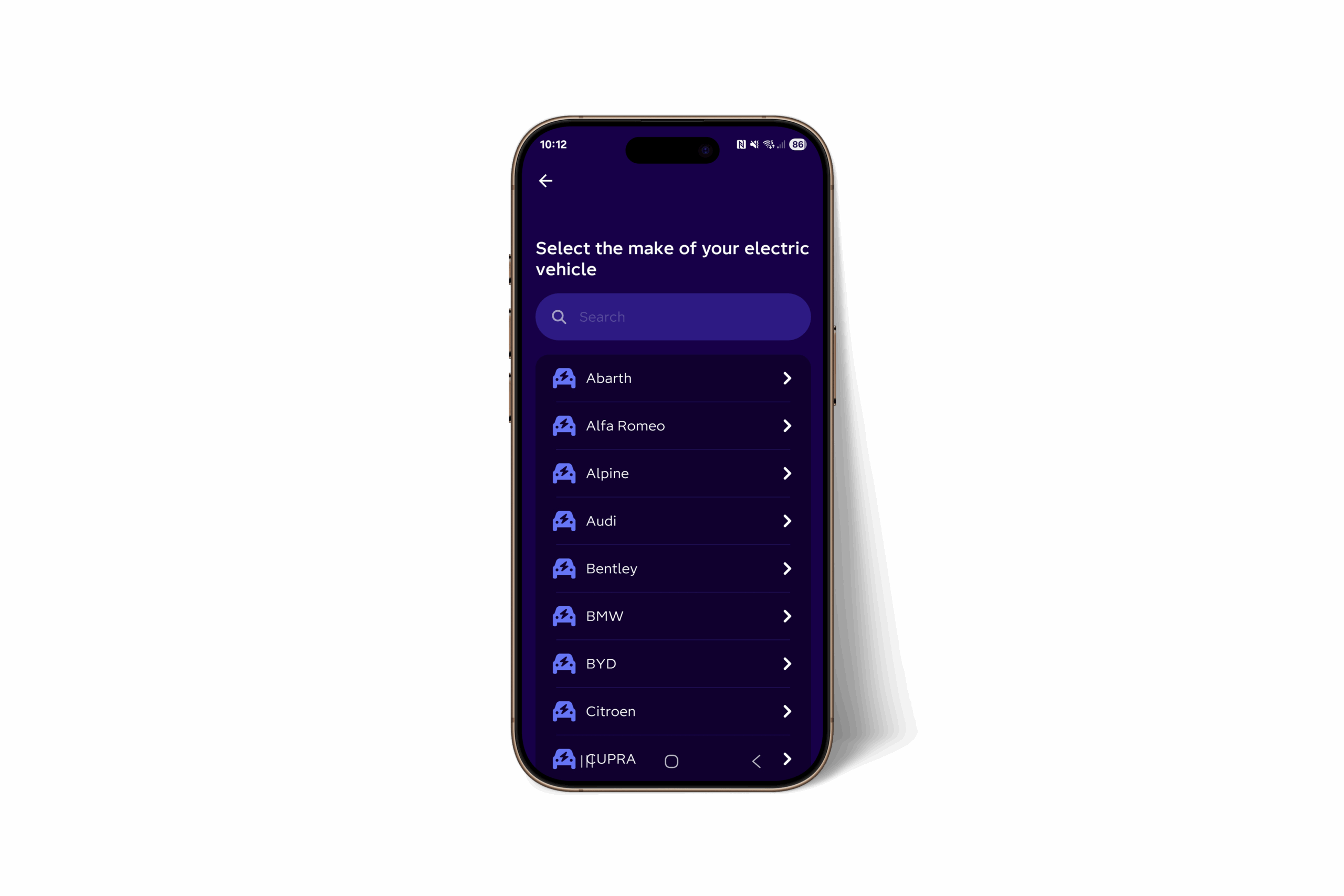 List of EV vehicles on a phone screen