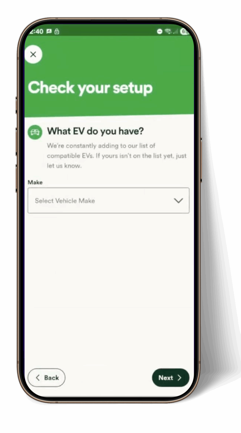 App screen asking for EV make and model details